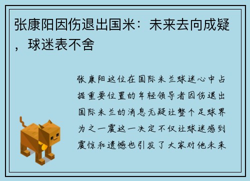 张康阳因伤退出国米：未来去向成疑，球迷表不舍