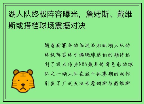 湖人队终极阵容曝光，詹姆斯、戴维斯或搭档球场震撼对决