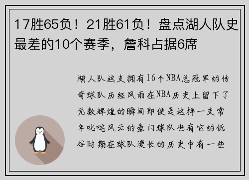 17胜65负！21胜61负！盘点湖人队史最差的10个赛季，詹科占据6席