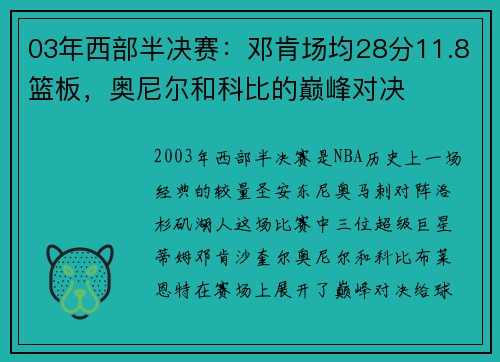 03年西部半决赛：邓肯场均28分11.8篮板，奥尼尔和科比的巅峰对决