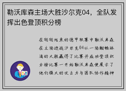 勒沃库森主场大胜沙尔克04，全队发挥出色登顶积分榜