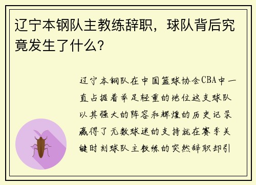 辽宁本钢队主教练辞职，球队背后究竟发生了什么？