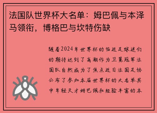 法国队世界杯大名单：姆巴佩与本泽马领衔，博格巴与坎特伤缺