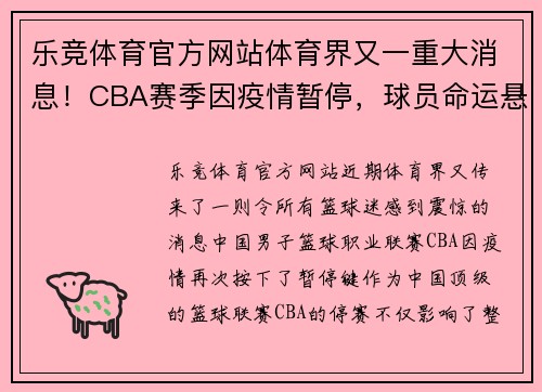 乐竞体育官方网站体育界又一重大消息！CBA赛季因疫情暂停，球员命运悬于一线