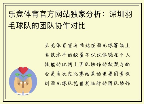 乐竞体育官方网站独家分析：深圳羽毛球队的团队协作对比